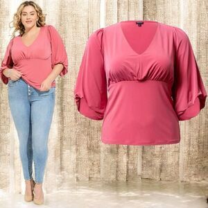 Torrid Berry Pink Studio Knit V-Neck Quarter Sleeve Shirred Top NWT